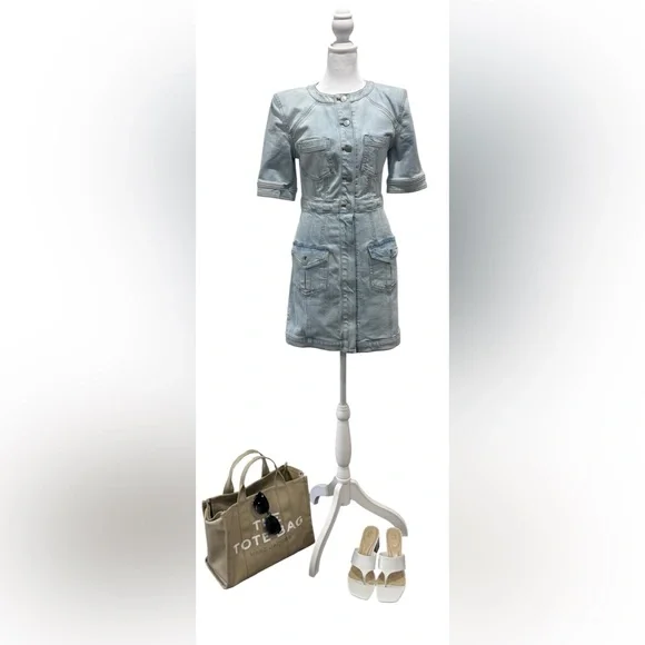 Express Light Blue Denim Padded Shoulder Button up mini dress Size S - Picture 10 of 10